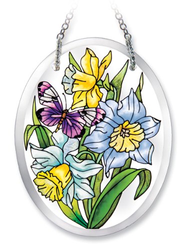 Amia 6195 Butterfly and Daffodils Design Hand-Painted Glass Suncatcher, 5-1/4-Inch by 4-Inch