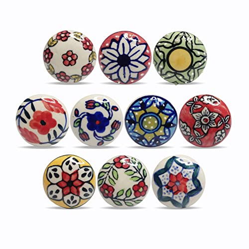 Hashcart Ceramic Multicolor Decorative Knobs for Cabinet Dresser Drawer || Antique Floral Hand Painted Cupboard Pull Knobs || { Set of 12 }
