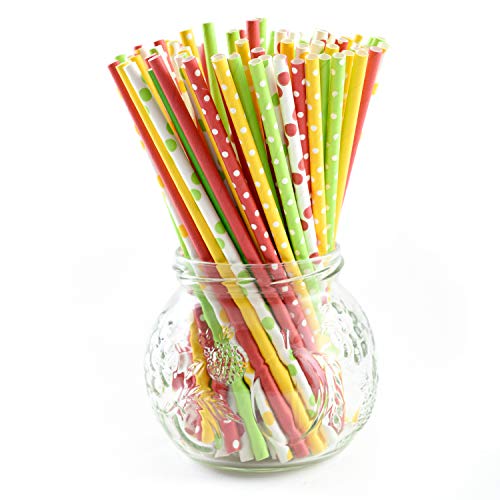 Norpro Paper Drinking Straws (100 Pack), 100% Biodegradable-Assorted Colors, Solids/Polka Dots, Green