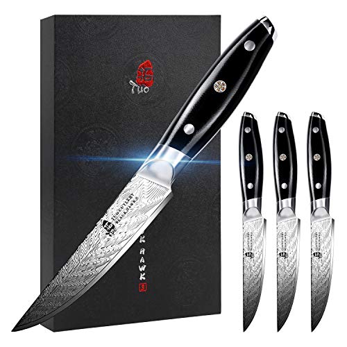 TUO Cutlery Steak Knife - 5 inch Professional Kitchen Steak Knife Set of 4 - Kitchen Dinner Knives - G10 Full Tang Handle - High End Knife Set - BLACK HAWK S Series
