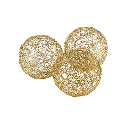 Modern Day Accents Gold D Guita Wire Spheres, Steel, Shiny Plate, Filler, Modern, Box of 3, Tabletop, Home, Office, 5" Diameter