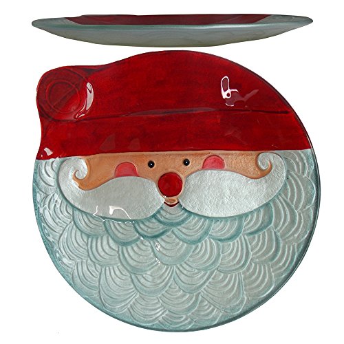 Comfy Hour Joyful Holiday Collection 12" Decorative Winter Santa Claus Pattern, Round Glass Plate, Dishwasher Safe, Red and Silvery