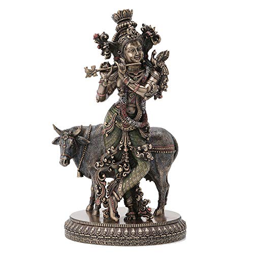 Unicorn Studio Veronese Design 10.5 Inch Hindu God Krishna and The Holy Cow Antique Bronze Finish Sculpture Figurine