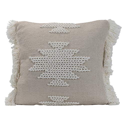 Foreside Home & Garden White Braided Geometric Pattern Handwoven 18x18 Decorative Cotton Throw Pillow with Hand Tied Fringe