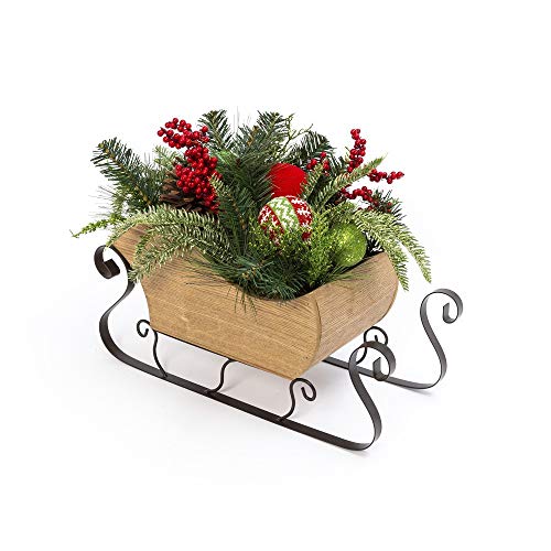 Gerson 2550360 Wood and Metal Holiday Sleigh with Floral and Ornaments Accent 22" L
