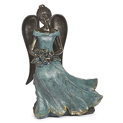 Roman Garden - Angel Seated with Flowers Statue, 15.25" H, Garden Collection, Resin and Stone, Decorative, Garden Gift, Home Outdoor Decor, Durable, Long Lasting