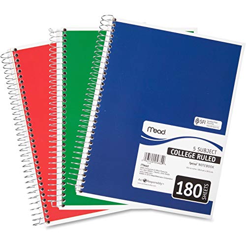 ACCO (School) Mead Spiral Notebook, 5 Subject, College Ruled Paper, 180 Sheets, 10-1/2" x 8", Color Selected For You, 1 Count (05682)