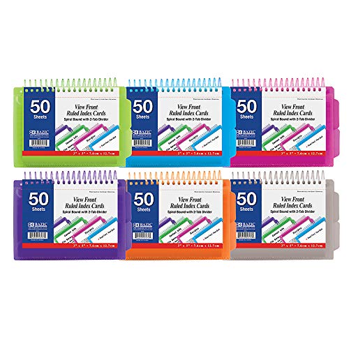 BAZIC 50 Ct. View Poly Spiral Bound 3" x 5" Ruled White Index Card w/ 2-Tab Divider