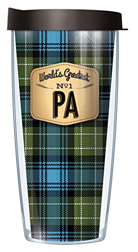 Freeheart Signature Tumblers World's Greatest No. 1 Pa Wrap on Blue Flannel 16 Ounce Double-Walled Travel Tumbler Mug with Black Easy Sip Lid