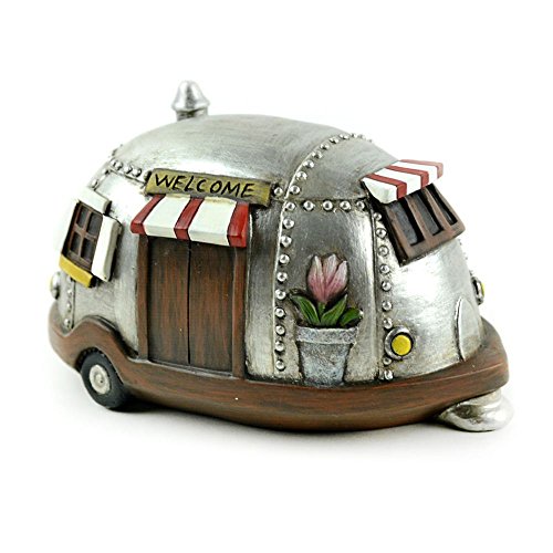 Midwest Design MWD 55873 Miniature Fairy Garden Retro Airstream RV Camper Trailer Metal Look with Welcome Sign for Summer Home Decor Mini Gardening Terrariums Dollhouse Camping Lovers, Resin, 4" x 7" x 4"