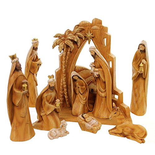 Roman 31378 9pc SET 12" Carved Nativity with Scene Back Drop, Faux Wood Grain