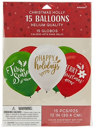 Amscan Christmas Themed Latex Balloons,12" | Multicolor | Pack of 15, red, green, white