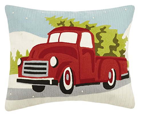 Peking Handicraft Red Truck with Xmas Tree Crewstitch Pillow,