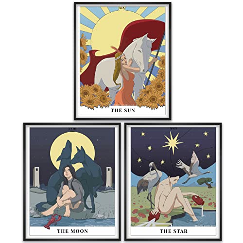 Tarot Card Sun Moon Star Wall Art - 11x14 Inches Unframed Poster Set Of 3 - Hippie Room Decor - Tarot Card Tapestry - Sun And Moon Tapestry - Indie Tapestry - Aesthetic Tapestry - Spiritual Room Decor - Astrology Decor - Witchy Tapestry by Print‚ÄôN‚ÄôArt