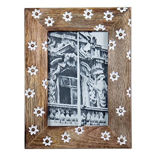 Foreside Home & Garden White Flower Pattern 4x6 Inch Wood Decorative Picture Frame, Natural