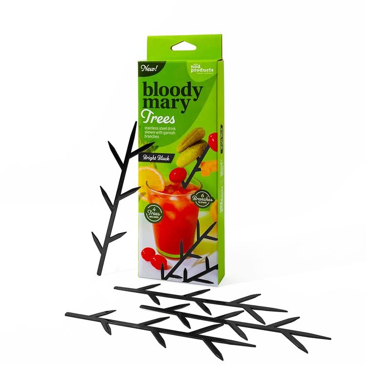 Nod Products BMT-BB The Bloody Mary Tree Drink Garnish Pick and Holder, Stainless Steel, Bright Black, Set of 4