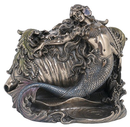 Unicorn Studio Mermaid and Conch Trinket Box, Bronze Powder Cast Statue 7.5-in