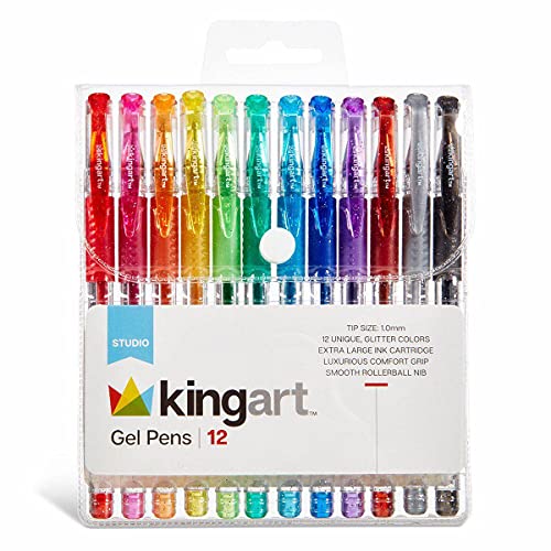 KINGART 400-12 Glitter 12 Pack with 50% More Ink Artists Soft Grip Gel Pen Set, One Size, Vivid Colors