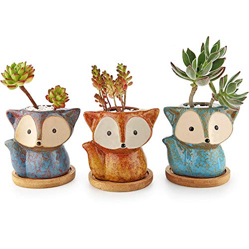 T4U Ceramic Succulent Planter Pot, Fox Shaped Cute Cactus Plant Pot with Bamboo Tray for Home Office Desk Decoration Birthday Wedding with Transmutation Glaze, Set of 3(Multi Set)