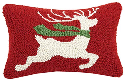 Peking Handicraft Prancing Winter Reindeer Christmas Mini Hooked Wool Pillow - 8" x 12"