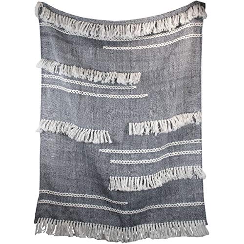 Foreside Home & Garden Blue Handwoven 50 x 60 inch Outdoor Safe Throw Blanket with Hand Braided Detail and Tassels