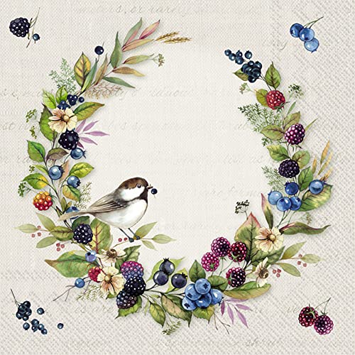 Boston International IHR Floral Fall Autumn Thanksgiving 3-Ply Paper Napkins, 20-Count Cocktail Size, Autumn Fruits- Cream