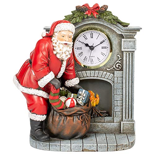 Roman Santa Claus By Fireplace Mantel 8.25 inch Resin Stone Holiday Clock Figurine