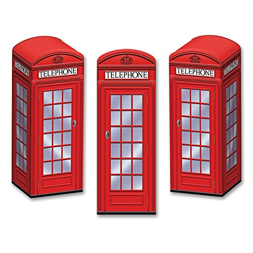 Beistle Phone Favor Boxes 3 Piece Three Dimension, British Party Decorations, 3" x 8.5", Red/Black/White