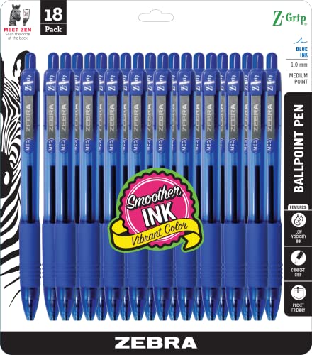 Zebra Pen Z-Grip Retractable Ballpoint Pen, Medium Point, 1.0mm, Blue Ink, 18-pack