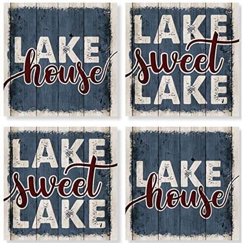 Carson Stoneware Coasters with Cork Back 4 Piece, Decorative Home Accents Square Stone Coaster Set, Lake On Blue Square House Coaster Set