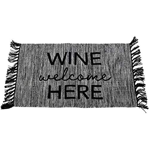 Foreside Home & Garden FTEX09624 Cotton Entry Woven Outdoor Safe Wine Welcome Here Rug w/Hand Tied Fringe, Black