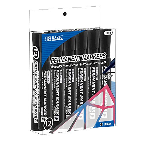 BAZIC Black Chisel Tip Permanent Markers Pens Marcador, Coloring on Plastic Wood Glass, Art School Office (12/Box), 1-Pack
