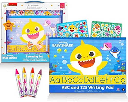 UPD Nick Jr Baby Shark ABC 123 Learning Set - ABC and 123 Learning Pad, 4 Crayons, 4 Stickers Sheets and 2 Erasers