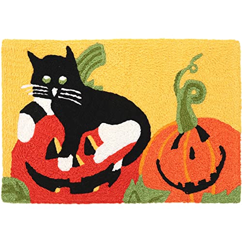 Home Comfort Green Eyed Cat on Pumpkin Jellybean Accent Rug with Black Cat Halloween Rug 20"x30" Doormat
