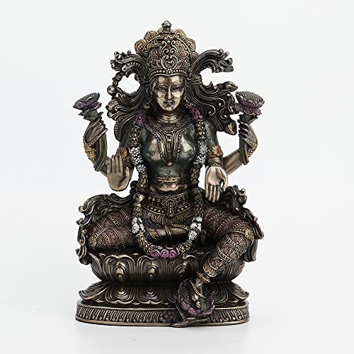 Unicorn Studio Veronese Design 9 1/2 Inch Tall Lakshmi Hindu Goddess Sitting On Lotus Cold Cast Bronzed Resin Statue Religious Figurine Spiritual Collectible