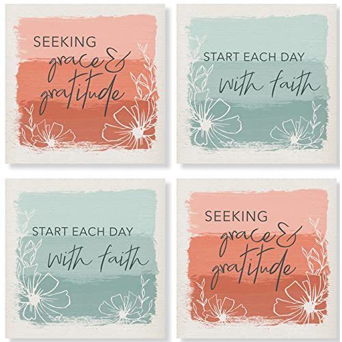 Carson Stoneware Coasters with Cork Back 4 Piece, Decorative Home Accents Square Stone Coaster Set, Faith and Grace Square House Coaster Set