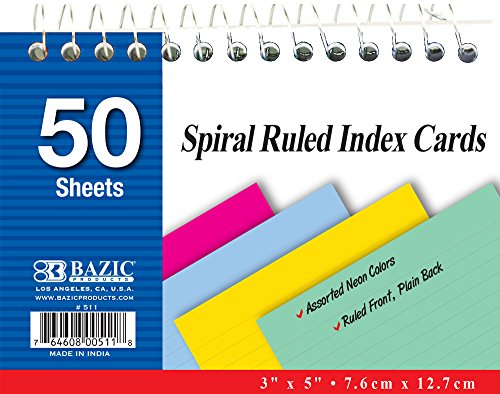 BAZIC 50 Ct. Spiral Bound Index Cards. 3x5 Perforated Flash Cards for School, Stationery, or Office Supplies