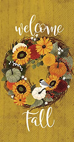 Boston International IHR 3-Ply Guest Towel Buffet Fall Autumn Halloween Thanksgiving Paper Napkins, 16-Count, Welcome Fall Wreath