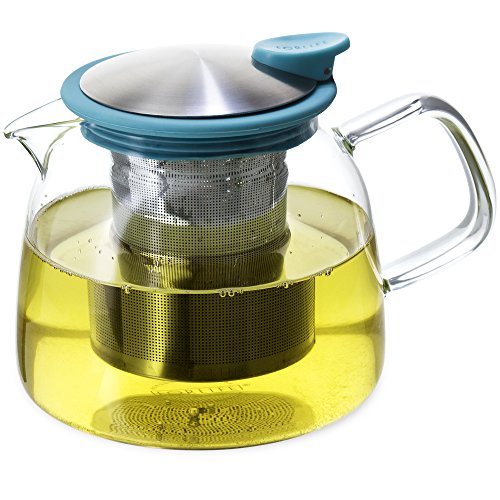 FORLIFE Bell Glass Teapot with Basket Infuser, 24 oz./730 mL, Turquoise