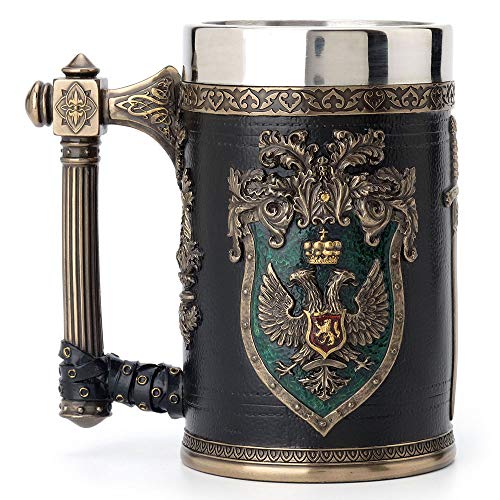 Veronese Design 6.25 Inch 0.5 L Double Headed Eagle Crest Axe Handle Beer Stein Stainless Steel Tumbler Antique Bronze Finish Sculpture Tabletop Decorative Cup