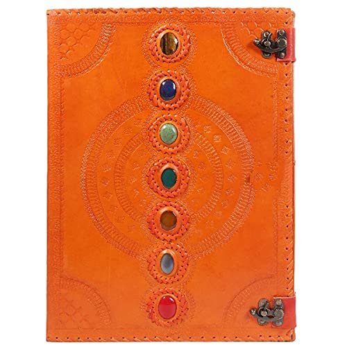 TUZECH Seven Chakra Medieval Stone Embossed Handmade Jumbo Leather Journal Book of Shadows Notebook Office Diary College Poetry Sketch (Orange, 10 x 7 Inches)