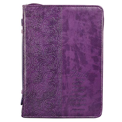 Christian Art Gifts Purple Faux Leather Bible Cover for Women | Faith Purple Paisley- Hebrews 11:1 | Zippered Case for Bible or Book w/Handle, Large