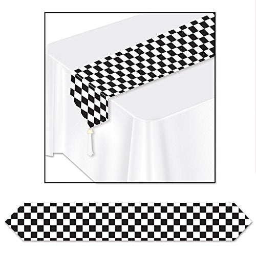 Beistle Printed Glossy Paper Checkered Table Runner For Sports Theme Racing Flags Birthday Party Tableware Race Car Decorations Black/White 11" x 6'