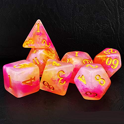 Bescon Dice Magical Stone Dice Set Series, 7pcs Polyhedral RPG Dice Set RoseQuartz, Brick Box Packing
