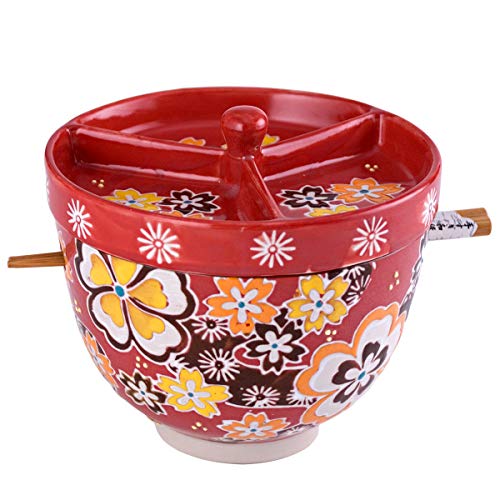 FMC Fuji Merchandise Mira Design Japanese Design Quality Ceramic Ramen Udong Soba Tempura Noodle Bowl with Chopsticks and Condiment Lid 6 Inch Diameter (Red Floral)