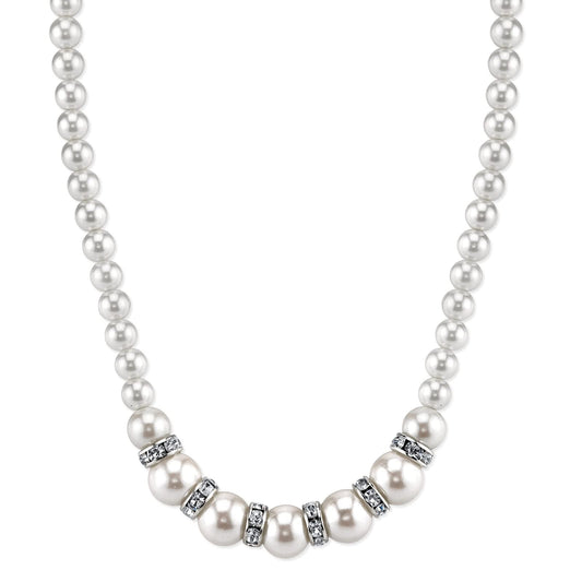 1928 Jewelry White Graduated Costume Pearl And Crystal Necklace 15" + 3" Extender