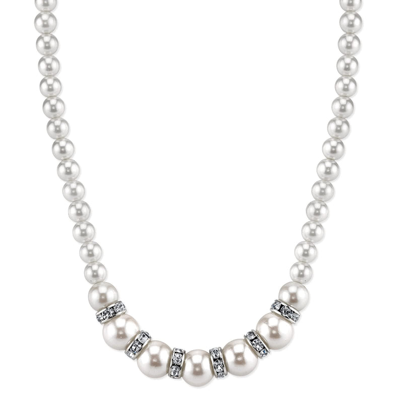 1928 Jewelry White Graduated Costume Pearl And Crystal Necklace 15" + 3" Extender
