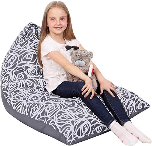 Malinad 5 STARS UNITED Stuffed Animal Storage Bean Bag - Cover Only - Large Triangle Beanbag Chair for Kids - 150+ Plush Toys Holder - Floor Pillows Organizer for Girls - 100% Cotton Canvas - Grey Roses