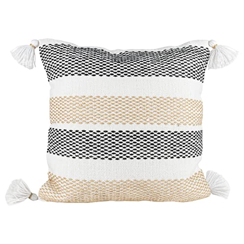 Foreside Home & Garden Tan & Black Tick Stripe 18X18 Hand Woven Filled Outdoor Pillow