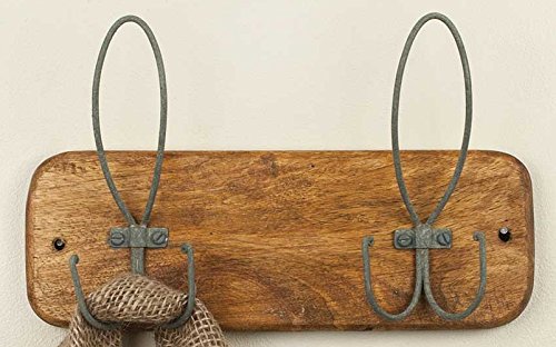 CTW 840059T Vintage Inspired Wall Mounted 2 Hook Rack Hanger For Entryway Mudroom Bathroom Bedroom Kitchen Coats Towels Garden Gloves Hats Caps Bags Purses Clothes Garments Wood Metal Brown and Gray